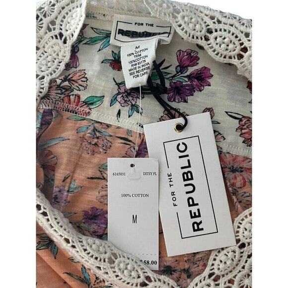 For The Republic M Short Sleeve Embroidered Lace Trim Blouse Floral Cottage New - Picture 5 of 5